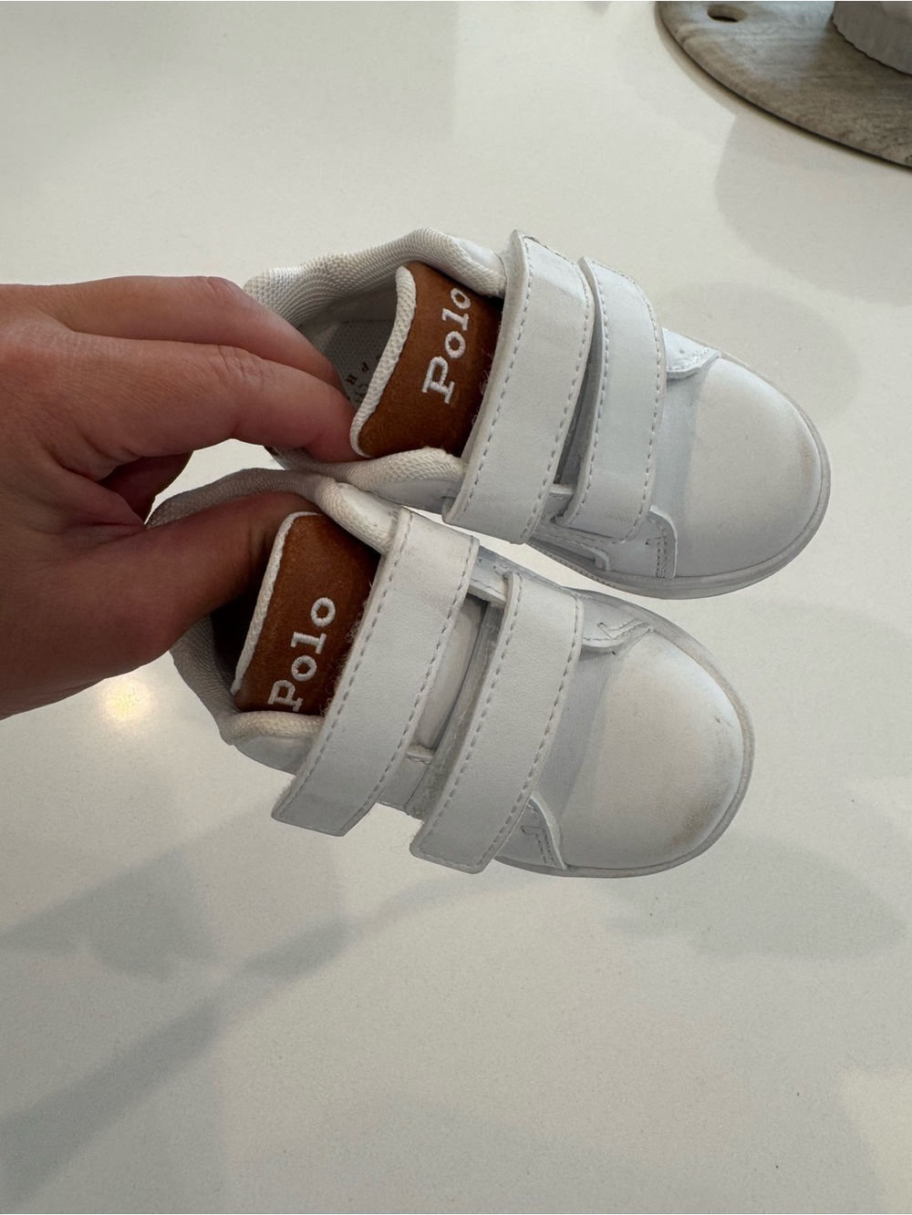 Polo by Ralph Lauren White Kids Sneakers with Brown Tongue Accent